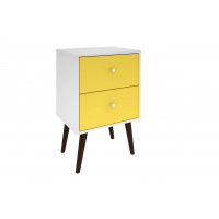 Manhattan Comfort 204AMC63 Liberty Mid Century - Modern Nightstand 2.0 with 2 Full Extension Drawers in White and Yellow with Solid Wood Legs